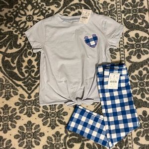 SOLD NWT Crewcuts blue T-shirt w/ blue checked heart. blue checked leggings 2T